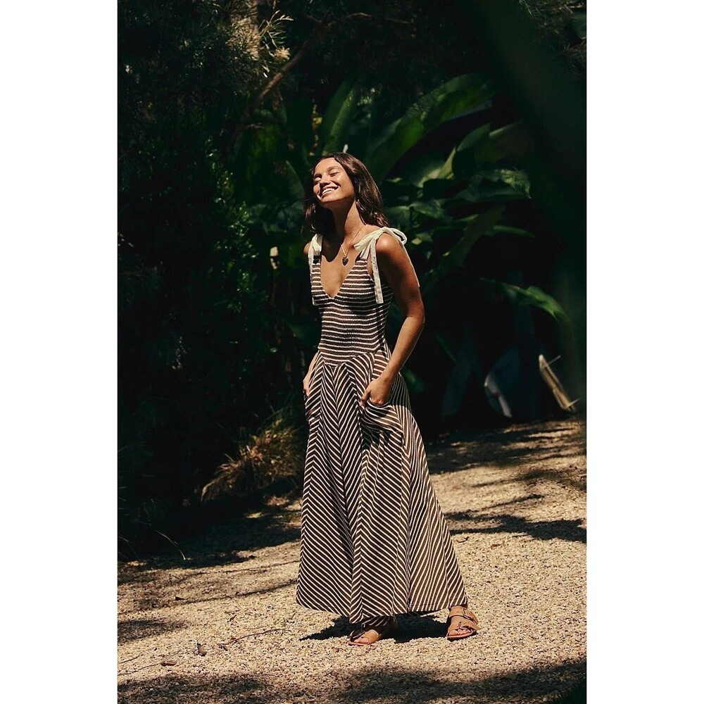 Free People Free-Est Cecelia Midi Dress Striped Printed Smocked Cotton XL 291249